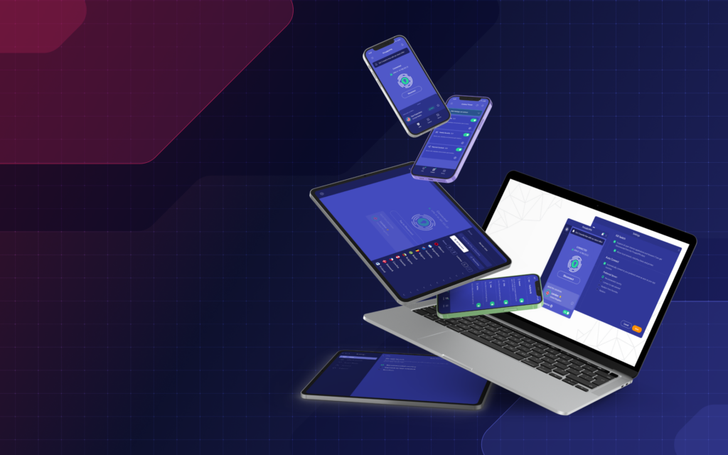 A series  of devices, all with the PrivadoVPN app, are flying out of a laptop screen.