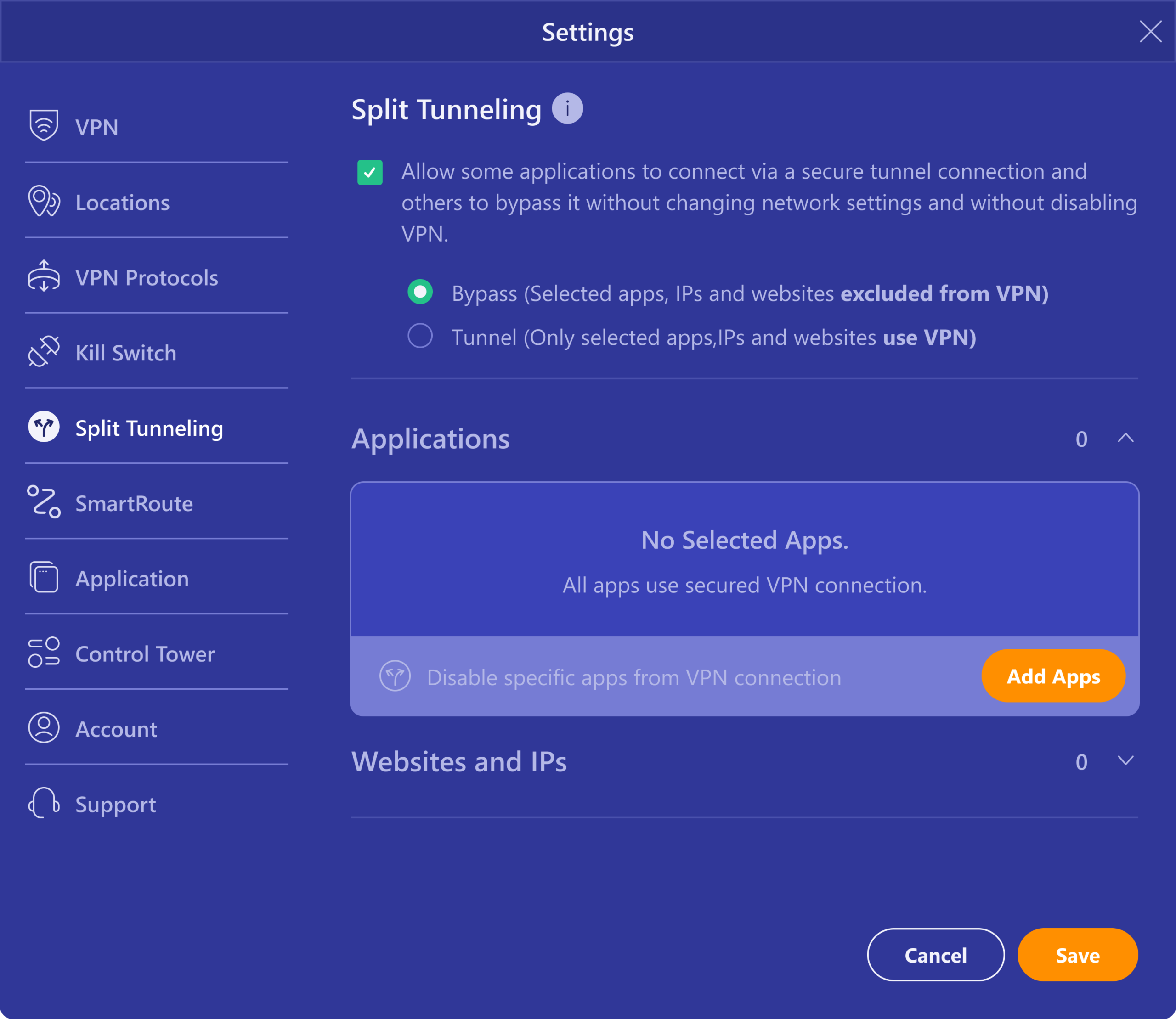 PrivadoVPN app screen showing the Split Tunneling settings.