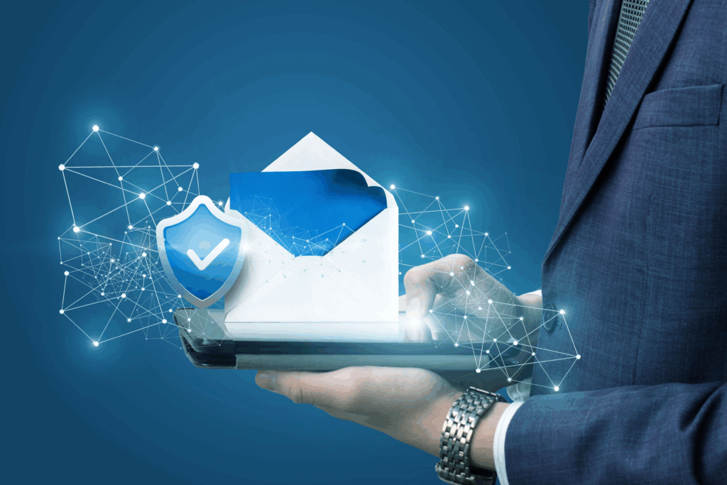 A person is holding a laptop with an open envelope on top and a blue piece of paper sticking out.