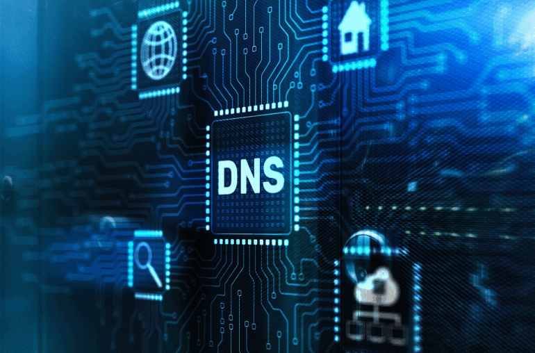 A circuit board with a processor chip at the center reading "DNS"