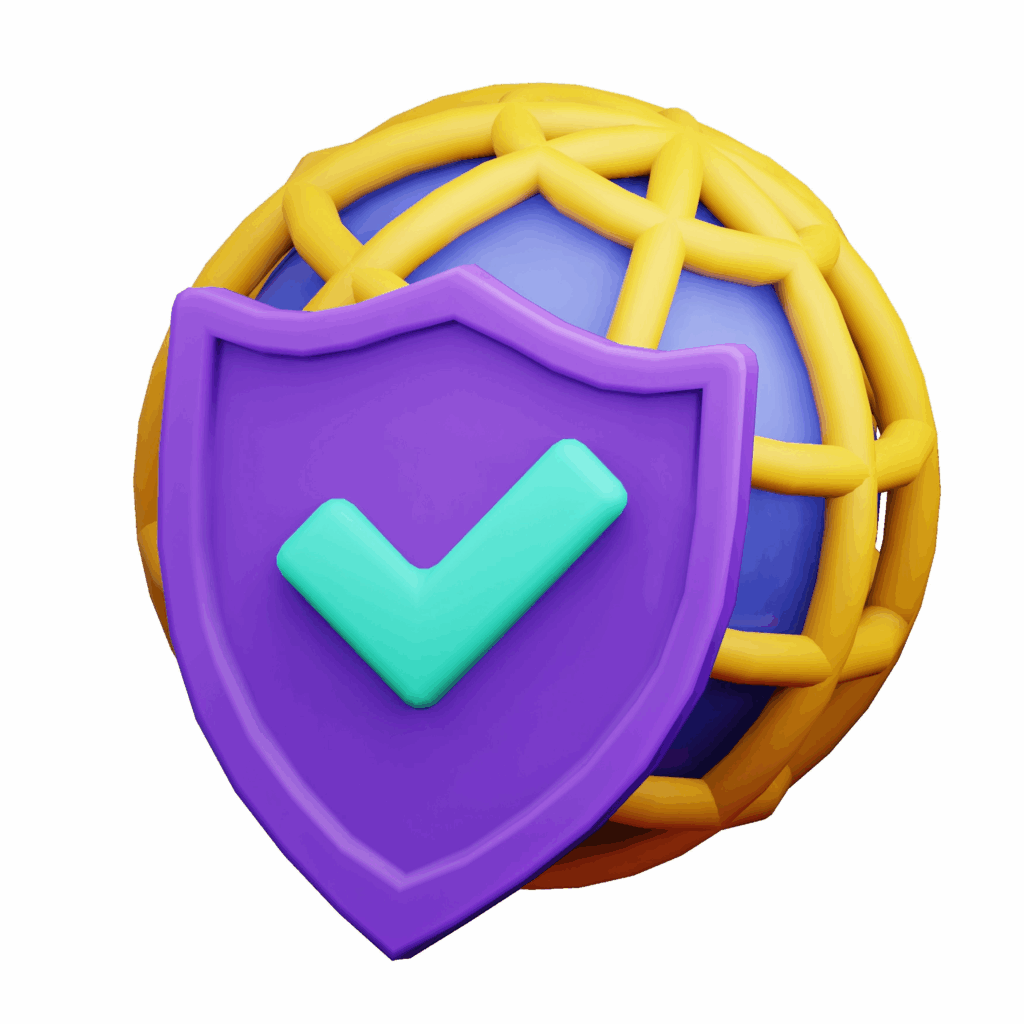 A sphere with chunky, yellow lines around it in a grid. There is a purple shield in front of it with a green checkmark in the center.