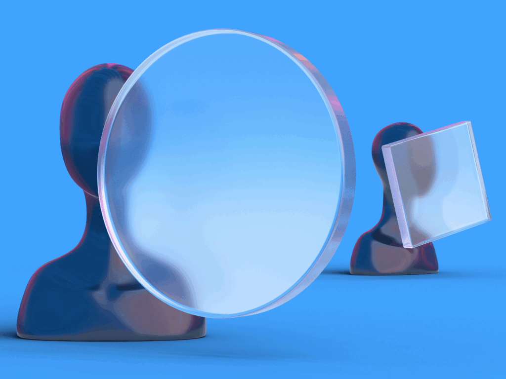 Two smooth human-like silhouettes. One is in the foreground and partially behind a fogged-glass circle and the other is in the background and behind a fogged-glass square cocked at an angle.
