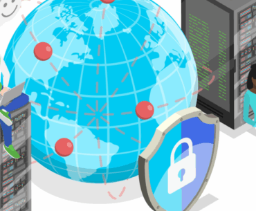 Two cartoon people are sitting next to a shield with a white lock in the center. One is a black woman leaning against a server tower and one is a white man sitting on top of a server tower. There is a hologram of a globe between them.