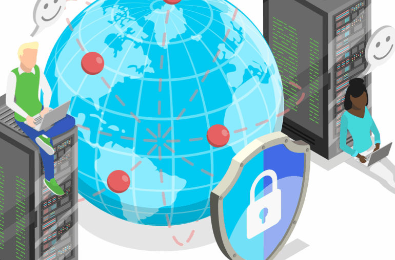 Two cartoon people are sitting next to a shield with a white lock in the center. One is a black woman leaning against a server tower and one is a white man sitting on top of a server tower. There is a hologram of a globe between them.