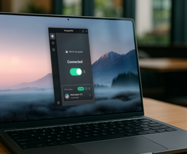 An laptop sitting on a brightly-lit desk with a coffee cup sitting next to it. The PrivadoVPN app for Windows is on the screen.