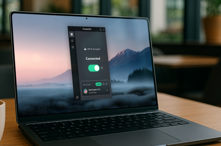 An laptop sitting on a brightly-lit desk with a coffee cup sitting next to it. The PrivadoVPN app for Windows is on the screen.
