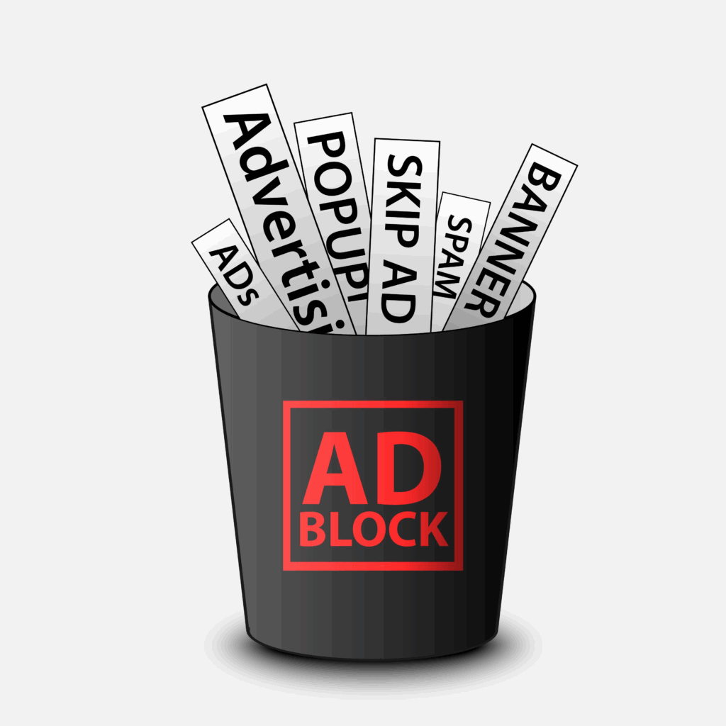 A wastepaper bin with "Ad Block" written on it filled with strips of paper that read things like "Advertising," "Popup!" and "Spam"