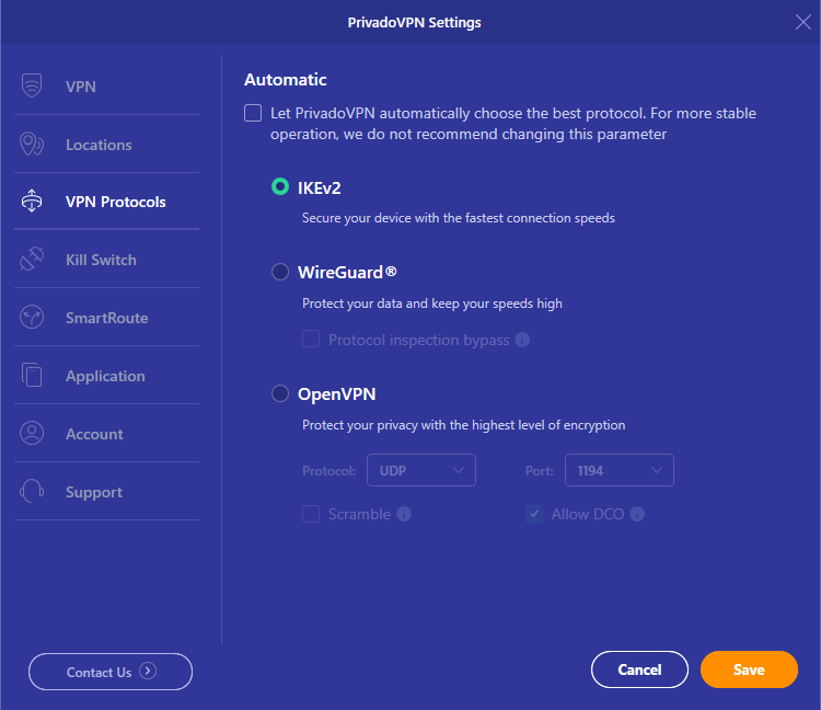 Image of the PrivadoVPN Protocols Settings screen with IKEv2 selected.
