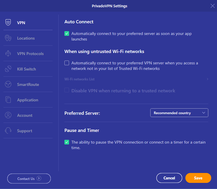 Image of the PrivadoVPN Settings screen with the box checked to automatically connect to a preferred server.
