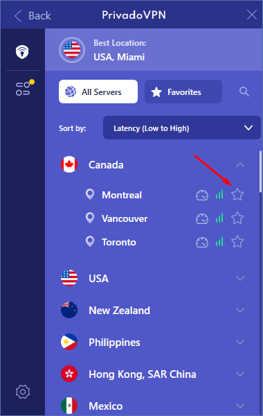 Closeup of the server list of the Windows PrivadoVPN app with a red arrow pointing at the star next to the Montreal location, indicating how to save it as a favorite.