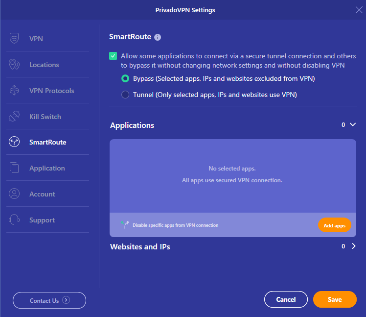 PrivadoVPN app screen showing the SmartRoute settings.