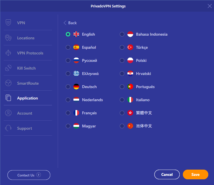 PrivadoVPN app screen showing the languages the app can be in.