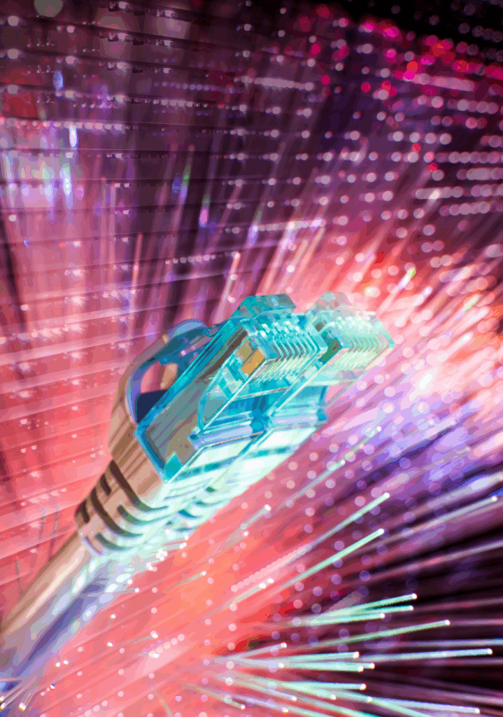 Motion lines in front of a "digital" background with a CAT6 cable appearing to fly at the screen.
