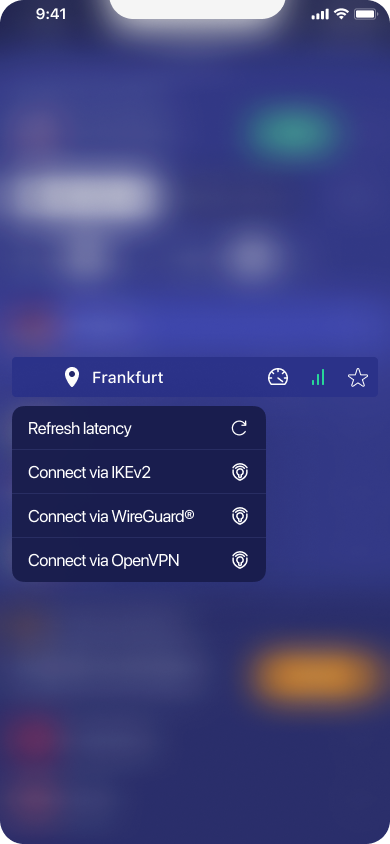 Image of the iOS PrivadoVPN app showing the updated long-press features including latency refresh and protocol selection.