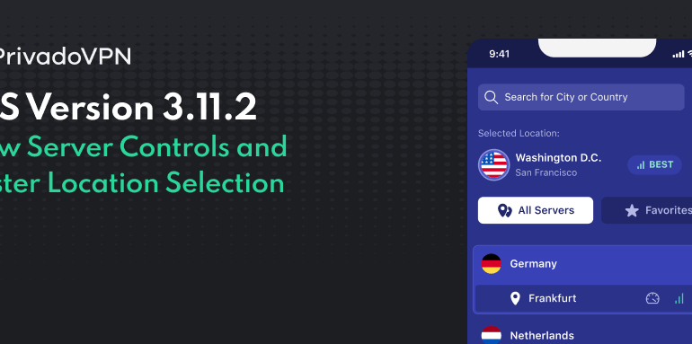 Image of the PrivadoVPN app for iOS showing the new long-press features in the server menu.