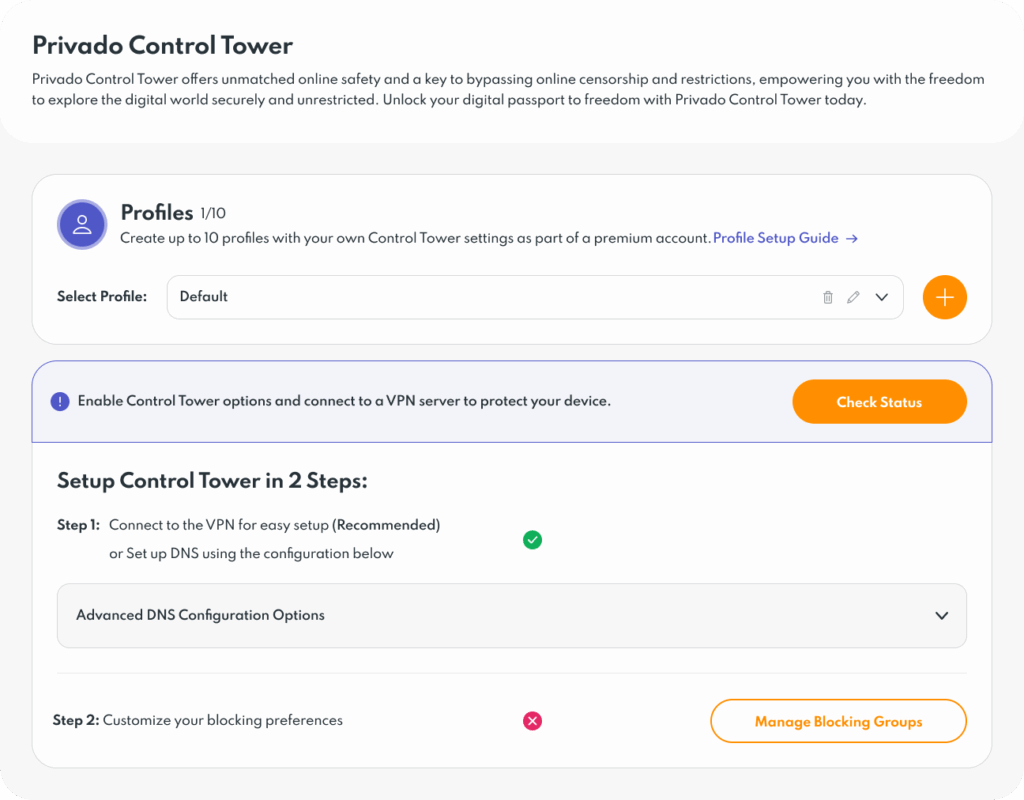 An image of the PrivadoVPN Control Tower profile screen in the admin panel. This is where a person makes different profiles and can control what kinds of websites can be accessed by each.