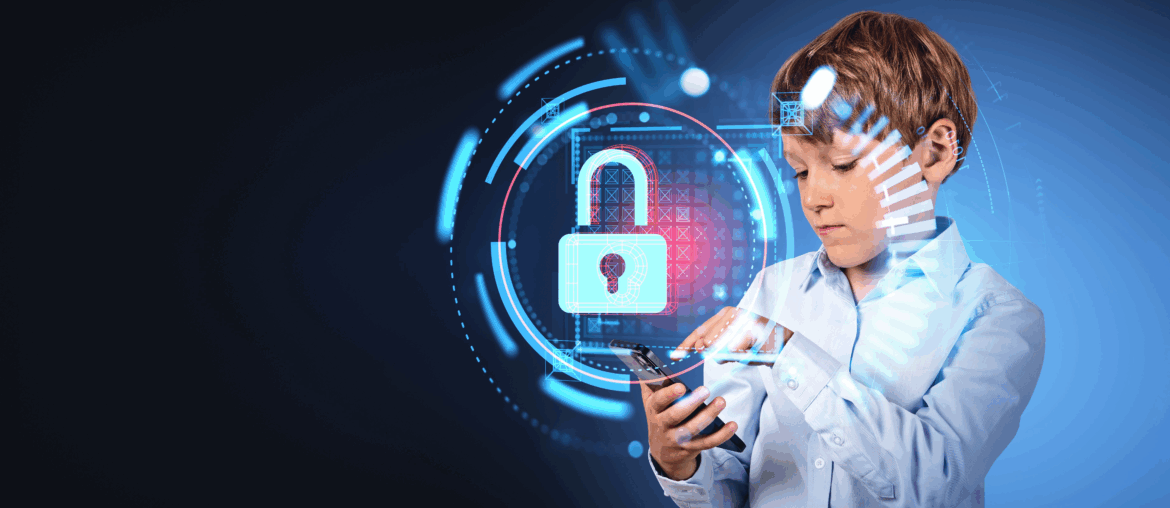 A young boy is concentrating on a cellphone. There is a hologram of a lock in front of him, representing VPN parental controls.