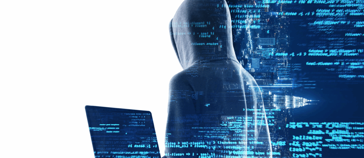 A man wearing a hoodie is holding a laptop and facing away from the camera. There is an image overlay of computer code in neon blue. This represents PrivadoVPN PhantomMode.