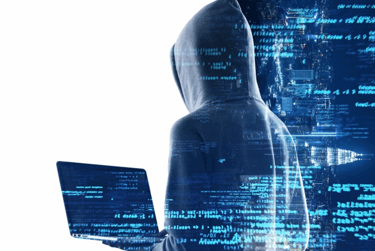 A man wearing a hoodie is holding a laptop and facing away from the camera. There is an image overlay of computer code in neon blue. This represents PrivadoVPN PhantomMode.