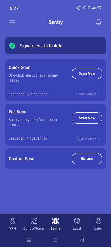 Privado Sentry antivirus main screen on Android.