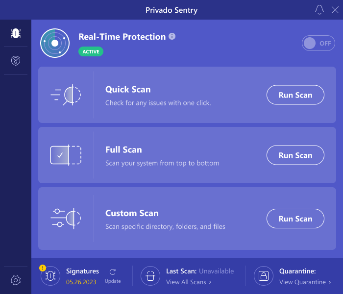 Privado Sentry antivirus main screen on Windows.