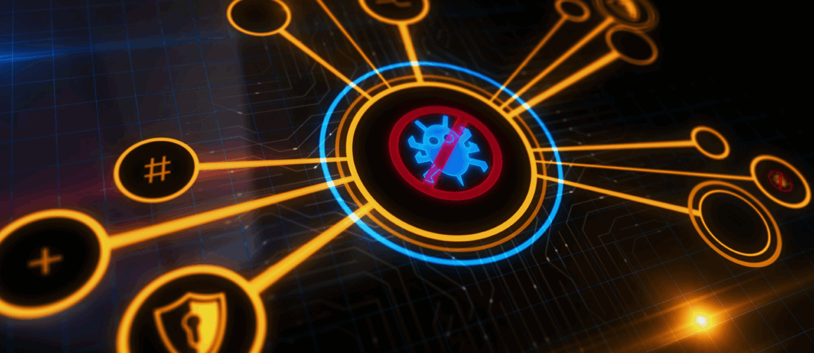 A cartoon bug in the center of a circle is covered with a "no" symbol. Several other circles are attached to it with orange lines, some of which have pound signs, shields with keyholes, and other symboles representing the best antivirus and VPN features.