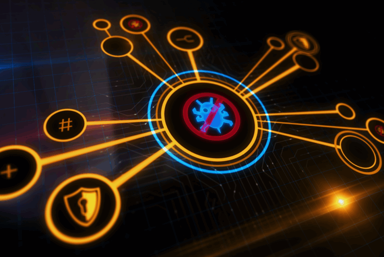 A cartoon bug in the center of a circle is covered with a "no" symbol. Several other circles are attached to it with orange lines, some of which have pound signs, shields with keyholes, and other symboles representing the best antivirus and VPN features.