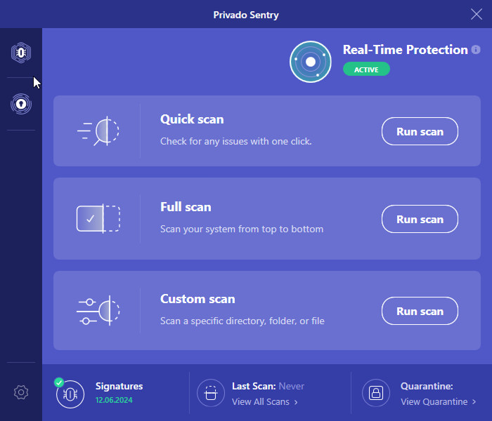 Privado Sentry antivirus main screen