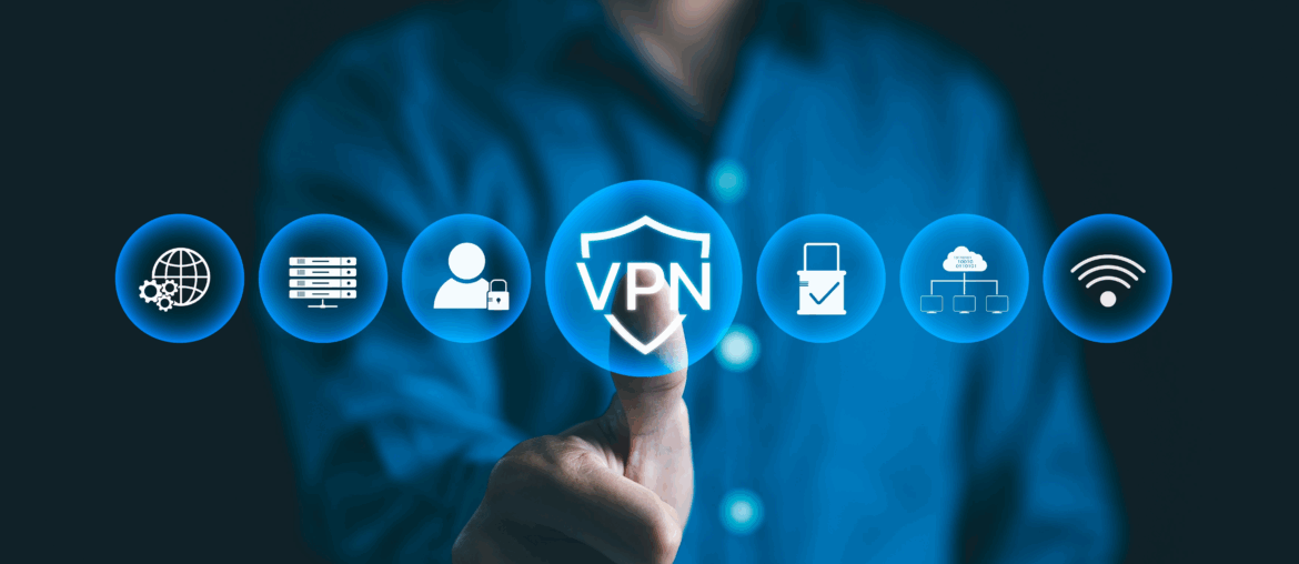 A man with a blue buttondown shirt is blurry in the background. He is holding up a thumbs up, with the thumb also pressing a circle on the screen that reads "VPN". There are three other circles on each side representing secure Chrome extensions.