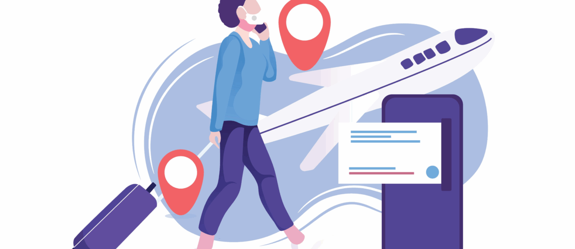 A cartoon person is walking, dragging a wheeled suitcase.In the background is a cartoon airplane and a couple of location pins.