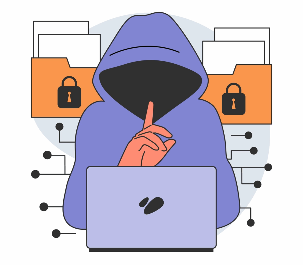 A cartoon person is wearing a purple hoodie that completely hides their face. There are two file folders behind that person with locks on them. The person is hiding a finger to where their mouth is, presumably, to indicate that we should be quiet to browse anonymously.