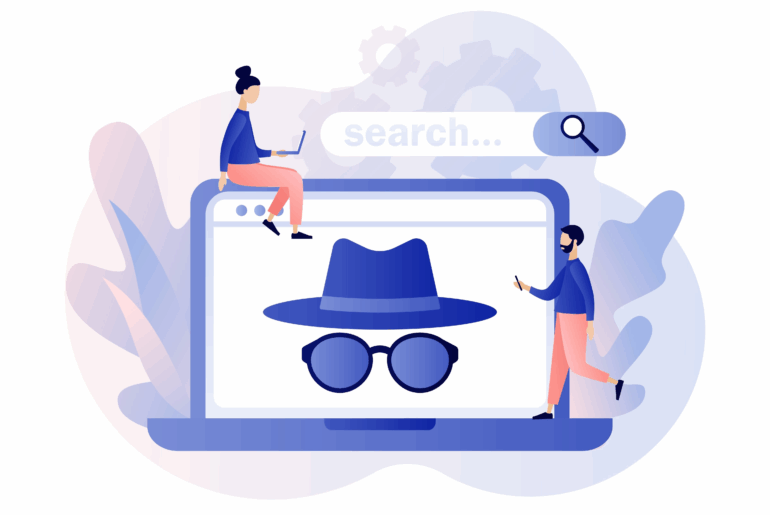 A cartoon man and woman are on a giant laptop. She is working on a laptop of her own and he is on a cellphone. The laptop has a fedora and sunglasses on the screen. There is a also a search bar above them.