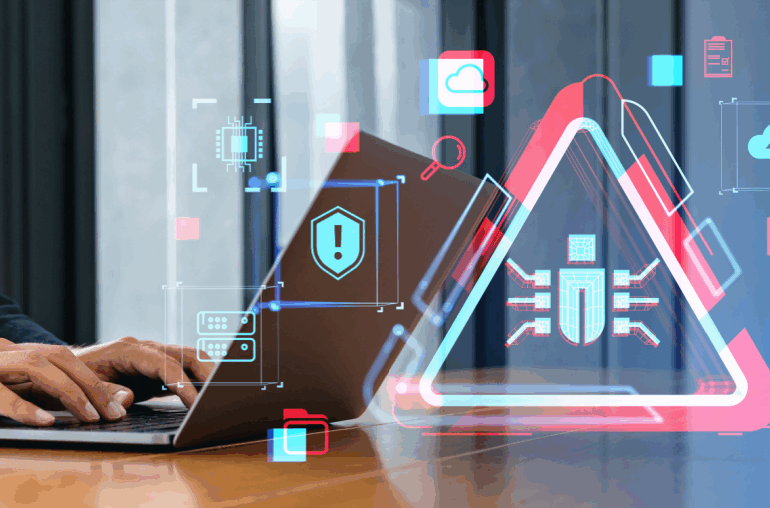 On the left side of the screen is a person typing on a laptop. There is a holographic triangle with a virus icon in the middle taking up most of the right side of the screen. That's one method for how to tell if your computer has a virus.