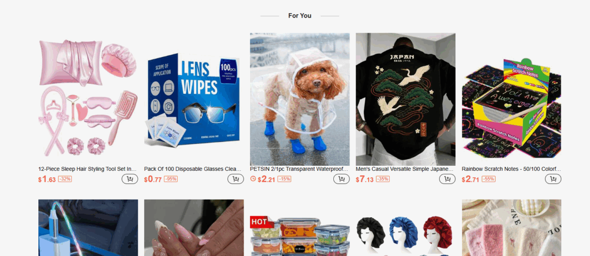 Screenshot of several items offered on the Shein website.