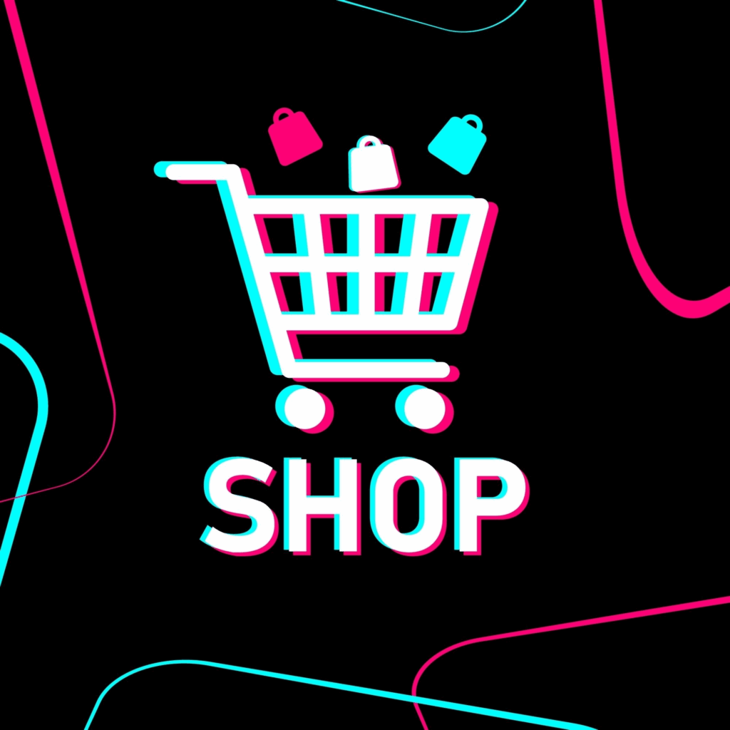 A sketch of a shopping cart with three price tags being put in it in TikTok's colors, symbolizing TikTok Shop.