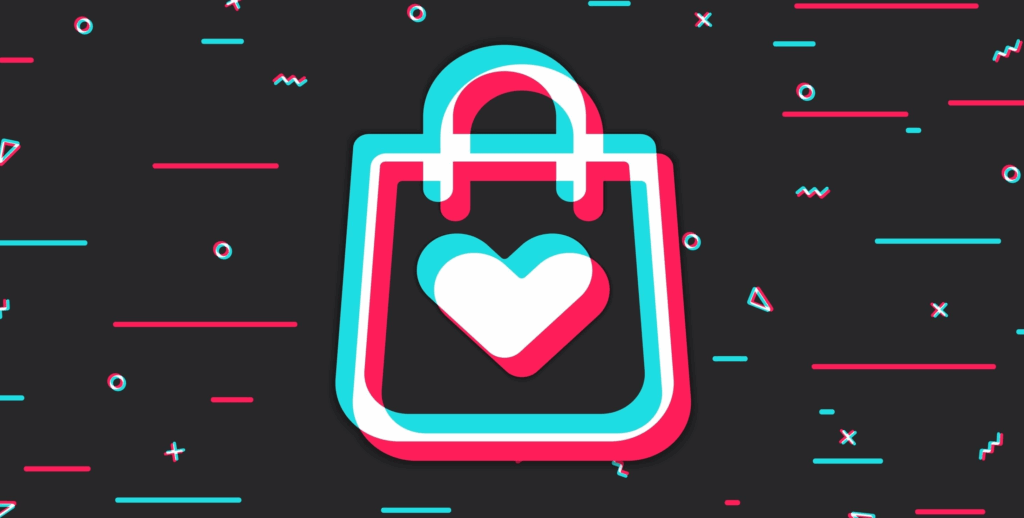 The TikTok Shop logo of a sketch of a shopping bag, but instead of the TikTok logo in the center, there is a heart.