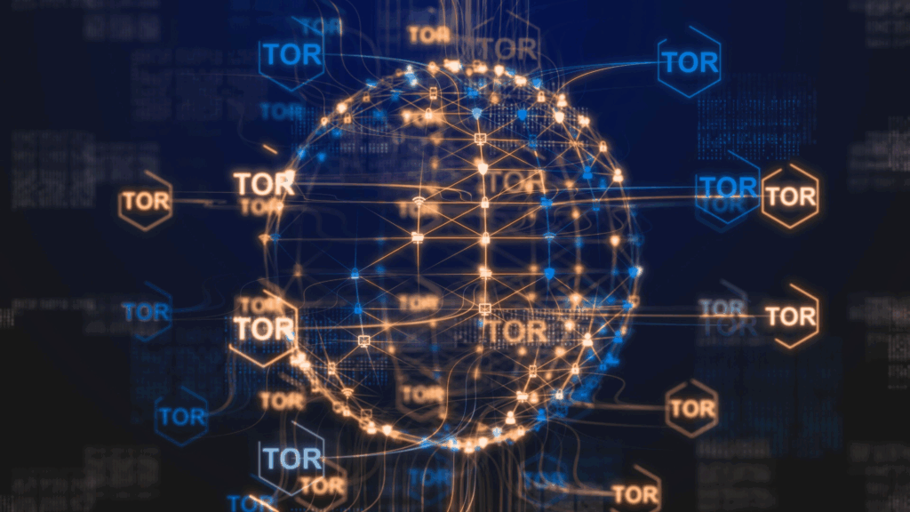 A sketch of a globe in blue and orange grid lines with locks, shields, monitors, and similar icons at the vertices. The word "Tor" in in hexagons around the globe, pointing to places, implying that part of the Tor Network is there.