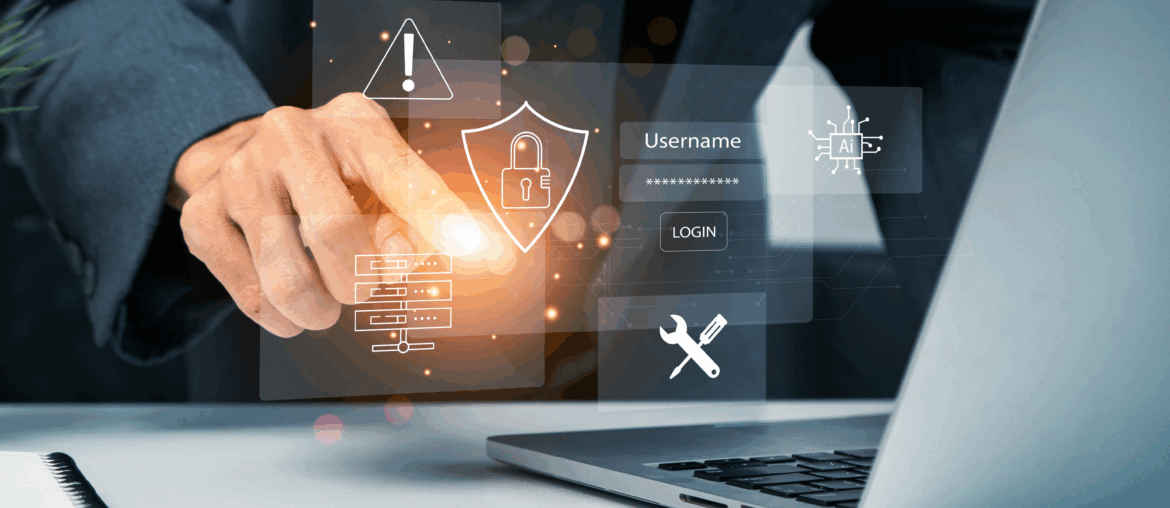 A hand is reaching out and touching a hologram of a shield with a lock on it that is hovering with other icons above a laptop's keyboard. These representing using the best vpn and antivirus.