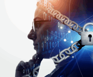 A woman in glasses can be seen partially in profile that fades into a blue light behind a lock on crossed chains.