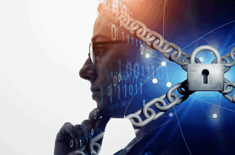 A woman in glasses can be seen partially in profile that fades into a blue light behind a lock on crossed chains.