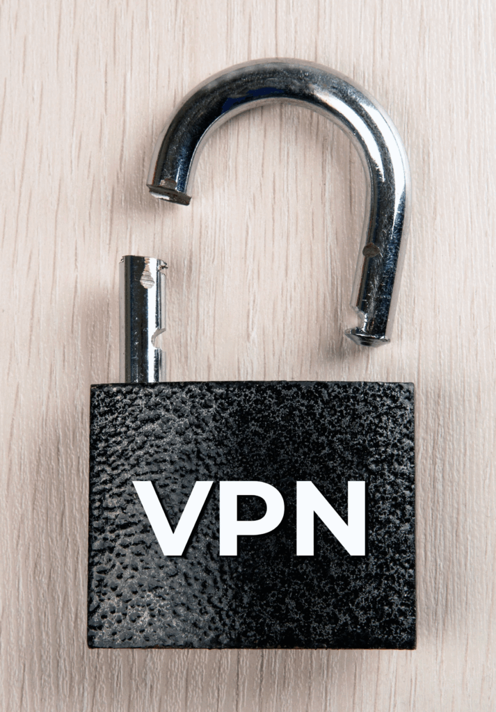 A lock with "VPN" written on it. The shackle is broken, representing a "vpn crack".