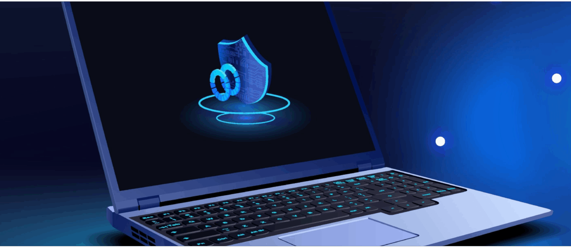 A laptop is sitting on a blue and black background. To the right is a shield reading "VPN" and to the left a shield with a lock on it, representing antivirus. We're trying to visually represent, "what is the difference between vpn and antivirus​", which is not easy, let me tell you.