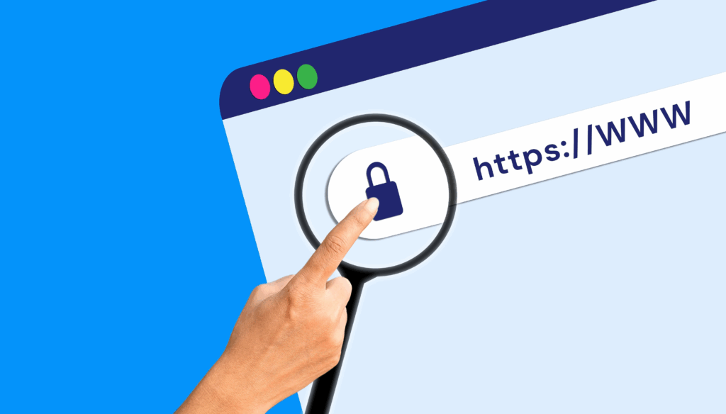 Cartoon of a browser window with a magnifying glass showing a lock icon in the URL bar. A human hand is pointing to the lock.