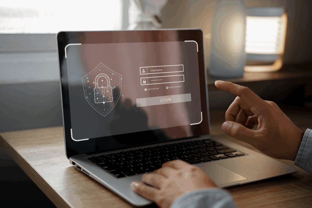 Closeup of a person's hands typing on a laptop that has a secure login screen showing.