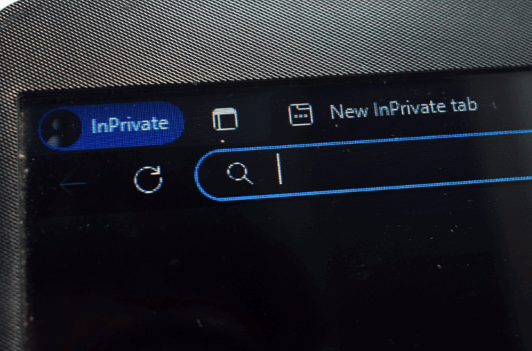 A closeup of the top portion of a laptop screen showing a private browser's URL bar. Shows what is private browsing, conceptually.