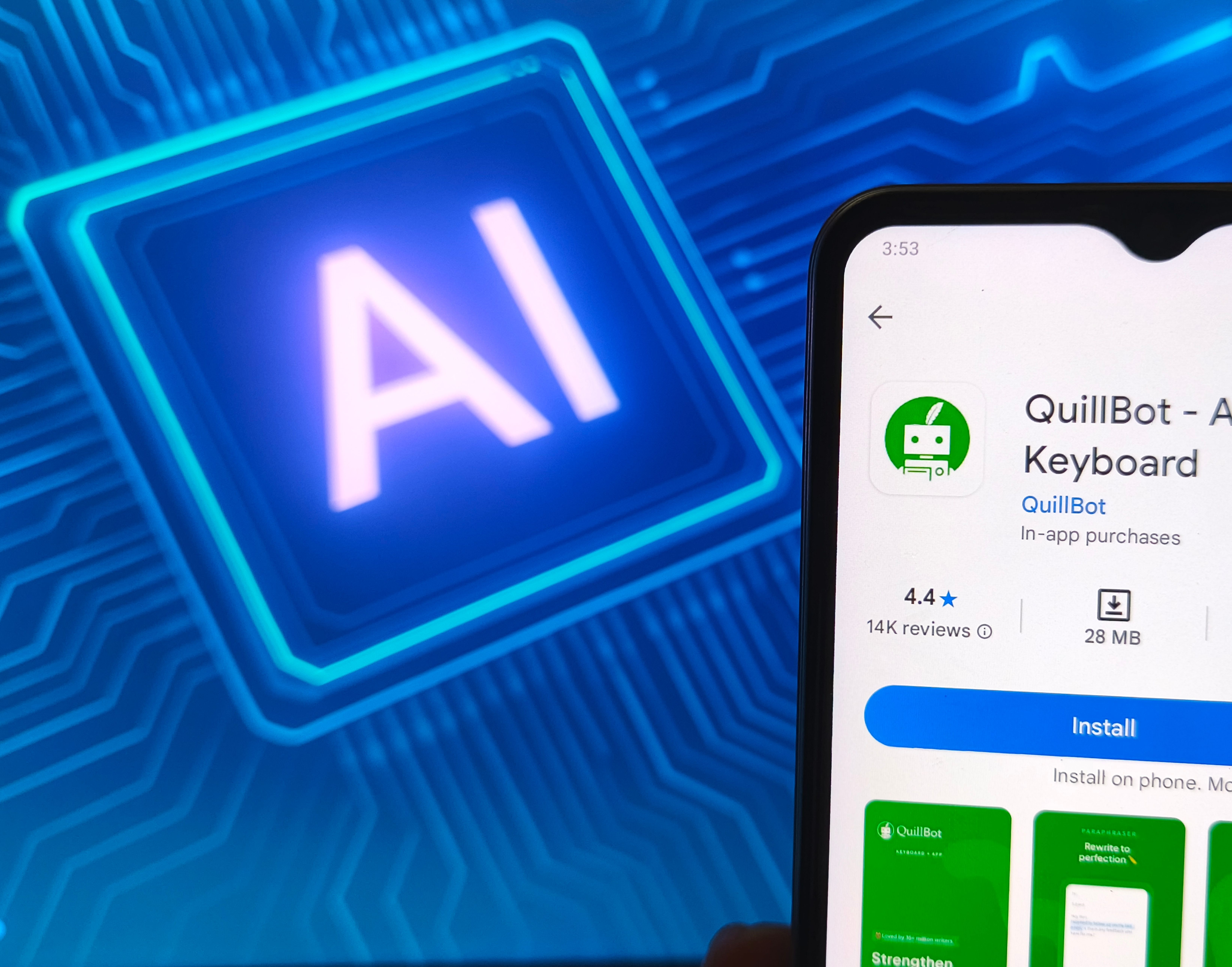 An app store on a cellphone with the QuillBot app brought up next to a blue square. The square has "AI" written on it.