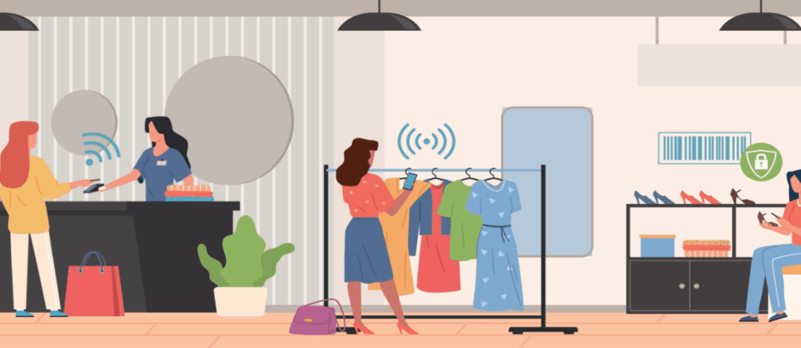 A cartoon of people at a store. RFID symbols hover over various things showing what is RFID blocking and that the technology can be used to pay for items, get more details, check prices, etc.