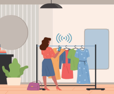 A cartoon of people at a store. RFID symbols hover over various things showing what is RFID blocking and that the technology can be used to pay for items, get more details, check prices, etc.