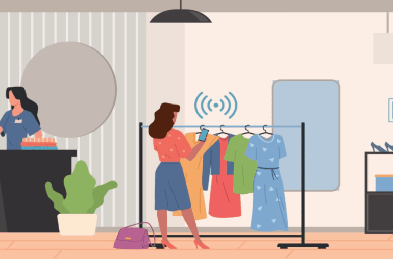 A cartoon of people at a store. RFID symbols hover over various things showing what is RFID blocking and that the technology can be used to pay for items, get more details, check prices, etc.