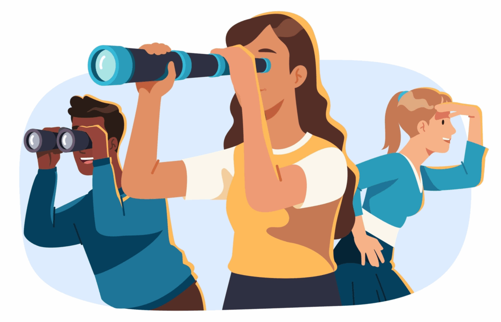 Three cartoon people are looking for something. One has a spyglass, one has binoculars, and one is just shading their eyes from the sun with a hand. They also want to know "is TruthFinder legit?"